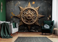 Флизелиновые 3д фотообои 254x184 см Золотая мандала под барельефом на темной бетонной стене (14767V4) +клей