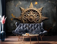 Абстракція флізелінові 3д фотошпалери 368x254 см Золота мандала під барельєфом на темній бетонній стіні (14767V8) +клей