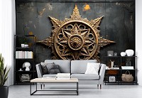 Флизелиновые 3д фотообои 312x219 см Золотая мандала под барельефом на темной бетонной стене (14767VEXXL) +клей