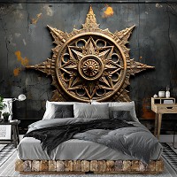 Абстрактні флізелінові 3д фотошпалери 416x254 см Золота мандала під барельєфом на темній бетонній стіні (14767VEXXXL) +клей