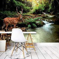 Флизелиновые фотообои на стену в зал 368x254 см 3Д Олень около ручья в лесу (147V8)+клей