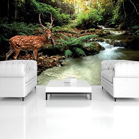 Флизелиновые фотообои природа 312x219 см 3Д Олень около ручья в лесу (147VEXXL)+клей