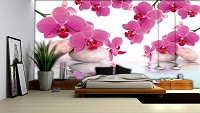 Флизелиновые светлые 3D фотообои 368х254 см Цветы орхидеи и камни на воде (151V8)+клей