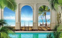 3d флизелиновые фотообои в спальню 254x184 см Вид на солнечный пляж за арками (1527V4)+клей