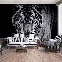Флізелінові фото шпалери для дівчинки підлітка 368х254 см Тварини Чорно-білий тигр з блакитними очима (153V8)+клей - вид 7 мініатюра