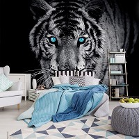 Флизелиновые фотообои в спальню 254x184 см Животные Черно-белый тигр с голубыми глазами (153V4)+клей