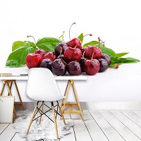 Флизелиновые фотообои 3Д на кухню фрукты с зелеными листьями 312x219 см Сочные вишни и черешни (1570VEXXL)+клей