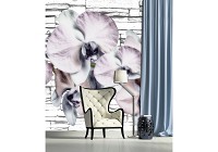 Флизелиновые фотообои в гостиную с камином 206x275 см 3Д Орхидеи на белой каменной стене (1605VEA)+клей