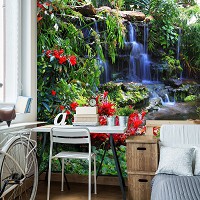 Флизелиновые 3D фотообои 416x254 см Пейзаж Природа Тропики Цветы Маленький водопад в джунглях (166VEXXXL)+клей