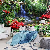 Флизелиновые 3D фото обои пейзаж 368х254 см Природа Тропики Цветы Маленький водопад в красочных джунглях (166V8)+клей - вид 7 миниатюра
