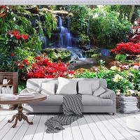 Флизелиновые 3D фото обои пейзаж 368х254 см Природа Тропики Цветы Маленький водопад в красочных джунглях (166V8)+клей - вид 8 миниатюра