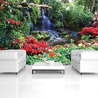 Флизелиновые 3D фото обои пейзаж 368х254 см Природа Тропики Цветы Маленький водопад в красочных джунглях (166V8)+клей