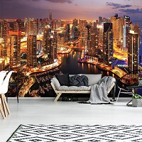 Флизелиновые 3D фотообои 254x184 см Небоскребы ночного города Дубаи (1671V4)+клей