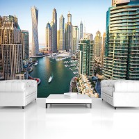 Флизелиновые фотообои город в интерьере кухни 312x219 см 3Д Залив с небоскребами в городе Дубай (1673VEXXL)+клей