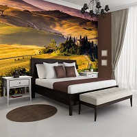 Флизелиновые 3Д фотообои в интерьере спальни 254x184 см Пейзаж Природы Холмы Луг Лес Ландшафт Тосканы (169V4)+клей