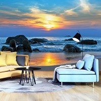Флизелиновые фотообои в зал 312x219 см Ландшафт Пляж 3Д Закат солнца на море (170VEXXL)+клей