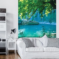 Природа флизелиновые фотообои 206x275 см Пейзаж Водопад Таинственное бирюзовое озеро (1783VEA)+клей