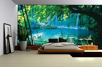 Флизелиновые фотообои лес 254x184 см Пейзаж Водопад Природа Таинственное бирюзовое озеро (1783V4)+клей