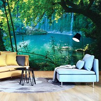 Флизелиновые фотообои 368x254 см Пейзаж Водопад Природа Таинственное бирюзовое озеро (1783V8)+клей