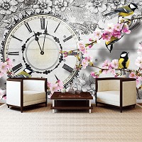 Флизелиновые фотообои 368x254 см Часы с цветами и птичками (1793V8)+клей