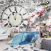 Флизелиновые фотообои 416x254 см Часы с цветами и птичками (1793VEXXXL)+клей
