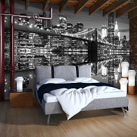 Флізелінові фотошпалери 254x184 см Чорно-білий горизонт Нью-Йорка Бруклінський міст (1819V4)+клей