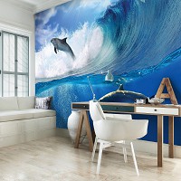 Флизелиновые фотообои с природой 312x219 см 3Д Дельфины и волны океана (188VEXXL)+клей