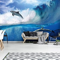 Флизелиновые фотообои с природой 416x254 см 3Д Дельфины и волны океана (188VEXXXL)+клей