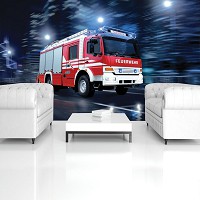 Флизелиновые 3Д фотообои 254x184 см Пожарная машина в ночном городе (1924V4)+клей