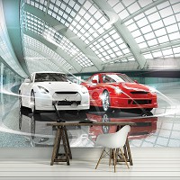 Флізелінові фото шпалери дитячі для хлопчиків 368x254 см 3Д Транспорт Сучасні спортивні машини в автосалоні (1926V8)+клей - вид 7 мініатюра