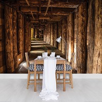 Флизелиновые фотообои под дерево 312x219 см 3Д Туннель из деревянных бревен (1962VEXXL)+клей