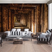 Флизелиновые фотообои дерево 416x290 см 3Д Туннель из деревянных бревен (1962VEXXXXL)+клей