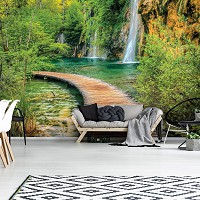3д флизелиновые фотообои природа 416x254 см Пейзаж Деревянная пешеходная дорожка около водопада (1967VEXXXL)+клей