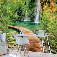 Флизелиновые фотообои 254x184 см 3D Пейзаж Природа Деревянная пешеходная дорожка около водопада (1967V4)+клей
