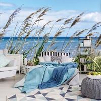 Флизелиновые фотообои природа 254x184 см 3Д Ландшафт Небо Облака Море Трава на пляже (1976V4)+клей