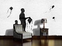 Флизелиновые фотообои на стену 368x254 см Граффити на белых кирпичах Дети запускают воздушного змея (1977V8)+клей