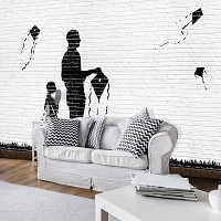 Флизелиновые фотообои 312x219 см Граффити на белой кирпичной стене Дети запускают воздушного змея (1977VEXXL)+клей