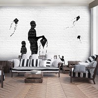 Флизелиновые фотообои в спальню 416x254 см Граффити на стене Дети запускают воздушного змея (1977VEXXXL)+клей