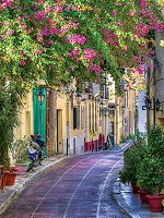 Флизелиновые Зд фотообои с изображением города 184x254 см Архитектура Аллея Греческая улица с цветами (1996V4A) +клей