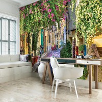 Флизелиновые фотообои город фото 312x219 см 3Д Архитектура Аллея Греческая улица с цветами (1996VEXXL)+клей