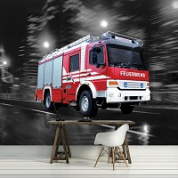 Флизелиновые фотообои 312x219 см Пожарная машина на фоне черно-белого города (2022VEXXL)+клей
