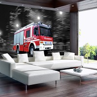 Флизелиновые фотообои 416x254 см Пожарная машина на фоне черно-белого города (2022VEXXXL)+клей