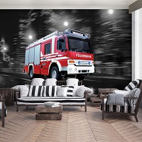 Флизелиновые фотообои 312x219 см Пожарная машина на фоне черно-белого города (2022VEXXL)+клей - вид 7 миниатюра