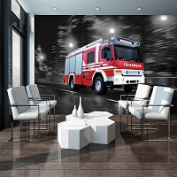 Флизелиновые фотообои 254x184 см Пожарная машина на фоне черно-белого города (2022V4)+клей