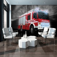 Флизелиновые фотообои 312x219 см Пожарная машина на черно-белом фоне (2023VEXXL)+клей