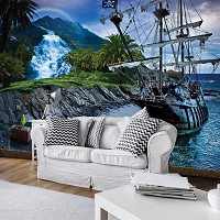 Флизелиновые красивые фото обои море 368x254 см 3Д Детские для мальчиков Пиратский корабль и клад (2051V8)+клей