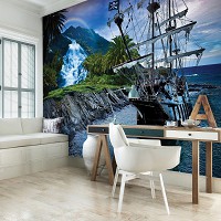 Флизелиновые фотообои парусные яхты 312x219 см 3Д Детские для мальчиков Пиратский корабль и клад (2051VEXXL)+клей