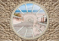 Флизелиновые 3д фотообои морская тематика 416x254 см Вид на пляж из круглого окна (2091VEXXXL) +клей