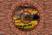 Флизелиновые фотообои в интерьере 254x184 см Пейзаж Тосканы за окном и кирпичной стеной (2181V4)+клей