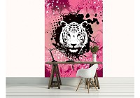 Флизелиновые фотообои в зал 184x254 см Черно-белая голова тигра на розовом фоне (2187V4A)+клей